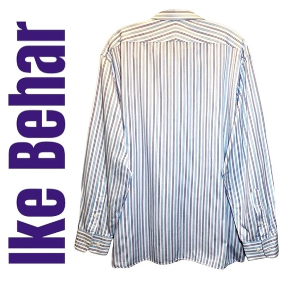 IKE BEHAR 100% Cotton Long Sleeve Striped Button Up Dress Shirt, Size 17 - Picture 3 of 10